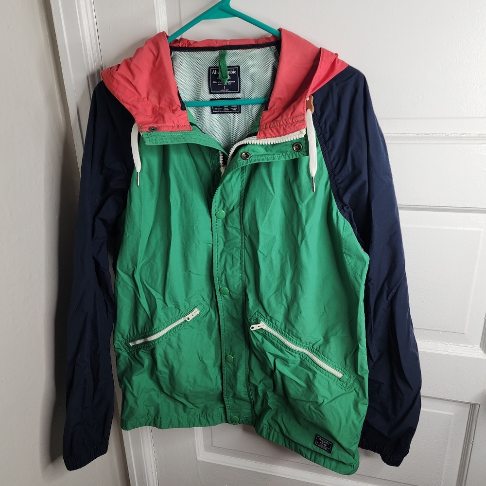 Abercrombie and Fitch Colorblock Green Hooded Windbreaker Jacket Size Small